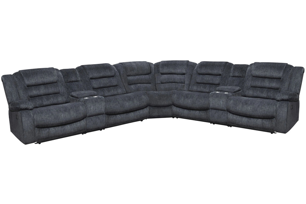 Parker Living Bolton - Misty Storm 7 Piece Modular Reclining Sectional and Entertainment Console