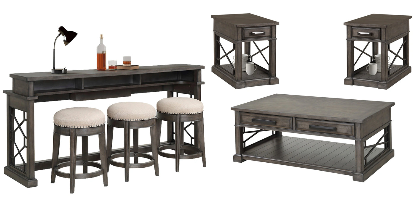 Parker House Sundance - Smokey Grey Cocktail Table with 2 Chairside Tables and Console Table with 3 Stools